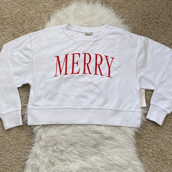 {Pink Lily} MERRY VARSITY WHITE CROPPED CORDED GRAPHIC SWEATSHIRT - Women’s - Picture 3 of 6